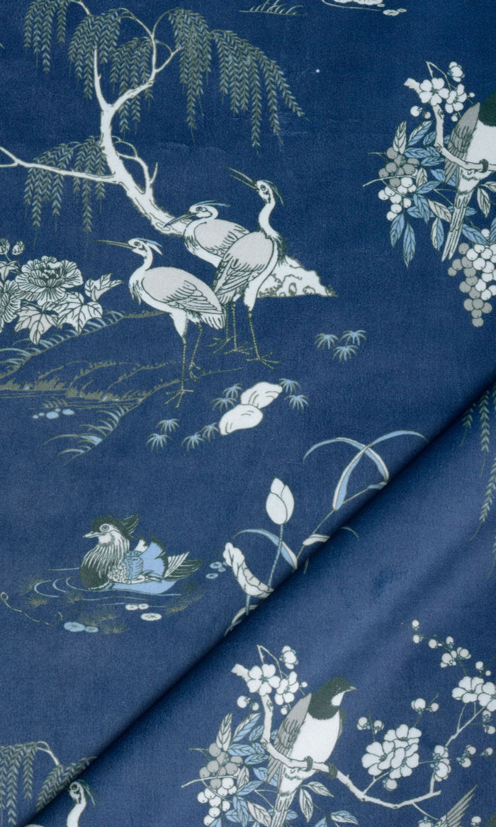Chinoiserie Toile Velvet Home Textile Fabric Material By the Metre (Navy Blue)