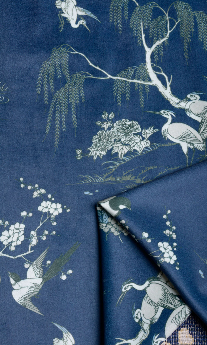 Chinoiserie Toile Velvet Fabric Material By the Metre (Navy Blue)