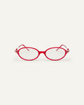 Face shot of Bonnie Clyde Swimming optical frames in silver and layered red with clear lenses.