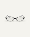 Face shot of Bonnie Clyde Swimming optical frames in silver and black with clear lenses.
