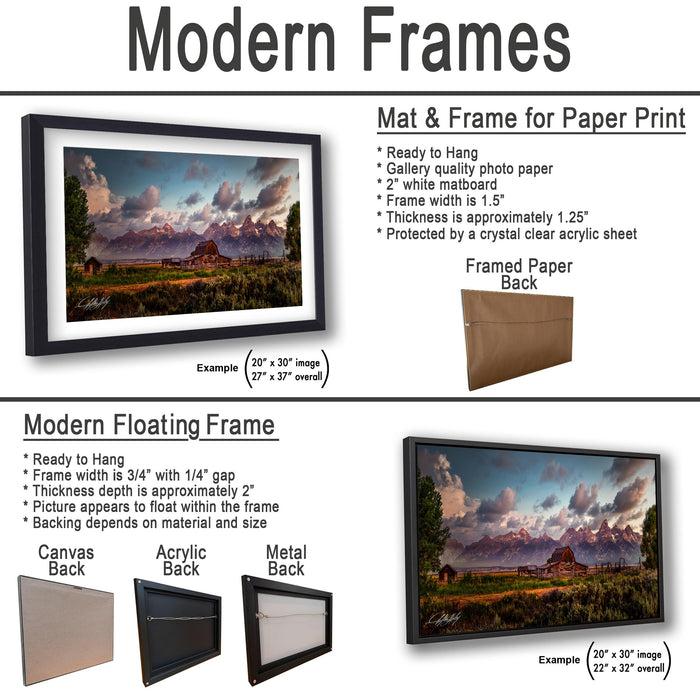 The image is a collage of two framed pictures, one of a landscape and one of a mountain range, both featuring a modern floating frame design.