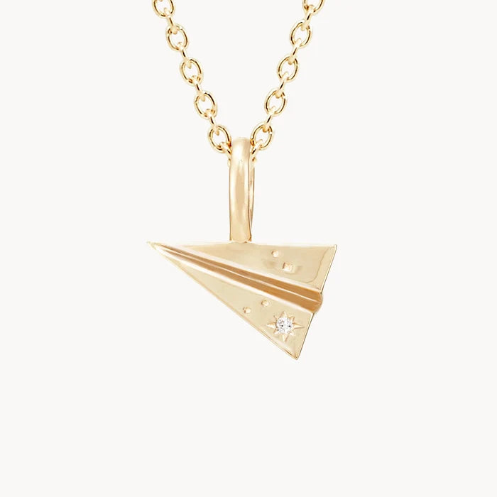 Take Flight Paper Plane Charm in 10k yellow gold with brilliant diamond, with chain detail view