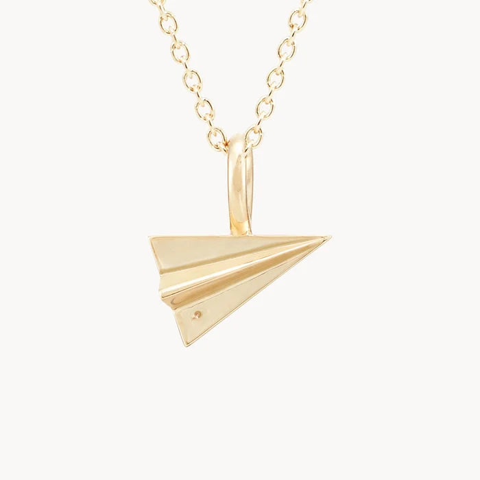 Take Flight Paper Plane Charm in 10k yellow gold with brilliant diamond, with chain detail view 2