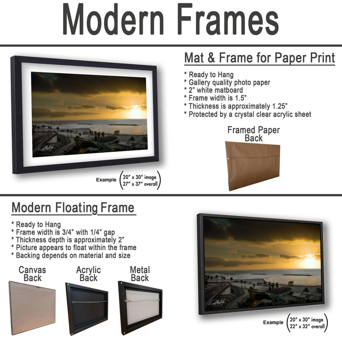 The image is a collage of three framed pictures, each with different frame types and sizes. The first frame is a mat and frame for a paper print, the second frame is a modern floating frame, and the third frame is a mat and frame for a printed back.