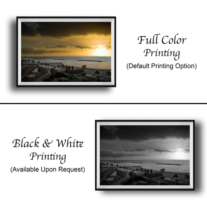 The image is a collage of two framed pictures, one in black and white and the other in full color. The black and white picture depicts a beach scene, while the full color picture shows a sunset over the ocean. Both pictures are labeled as "Full Color Printing" and "Black & White Printing" respectively, indicating the printing style of each image.