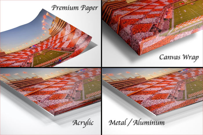 four different views of a printed canvas or paper with a red and white checkered pattern, likely representing a stadium or sports field.