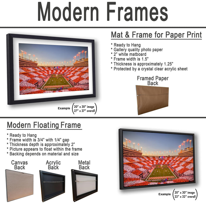 The image is a collage of three framed pictures, each depicting a different scene. The first frame shows a football stadium with a large crowd, the second frame features a large whiteboard, and the third frame displays a large screen with a vibrant background.