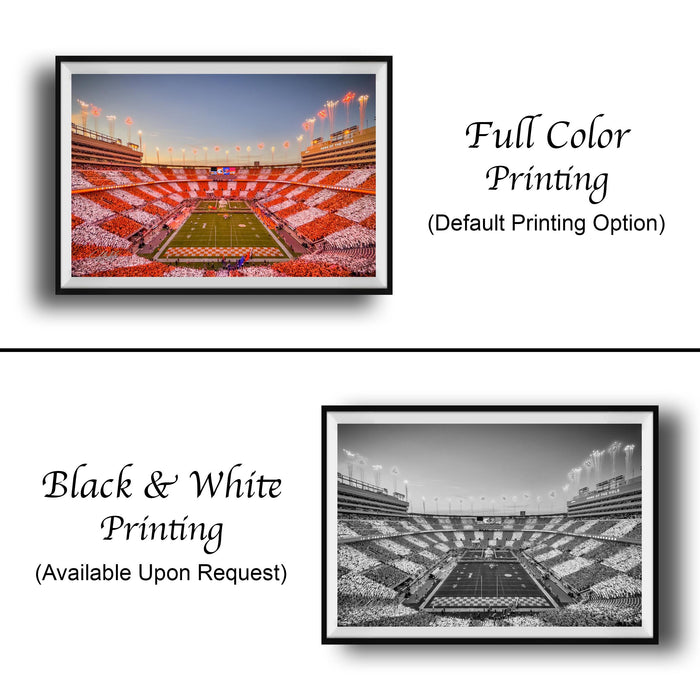 The image is a collage of two framed pictures. The top picture is a full color photograph of a football stadium, while the bottom picture is a black and white photograph of the same stadium. The text below the images indicates that the full color printing is available upon request, and the black and white version is not.