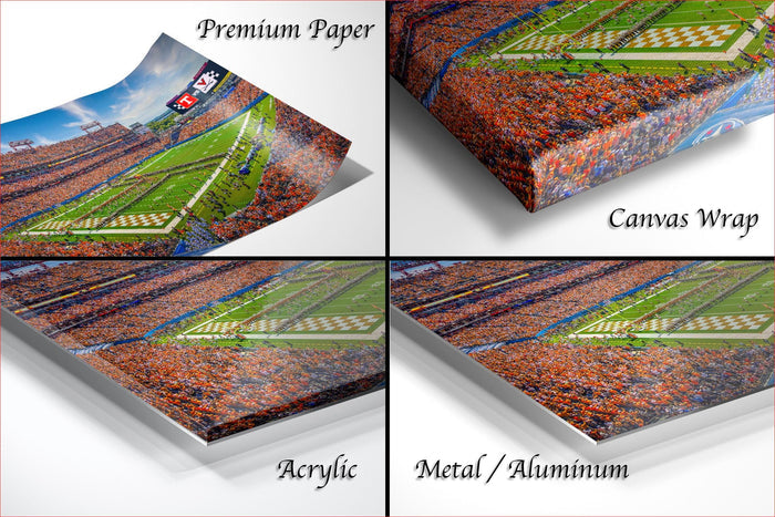The image is a collage of four different images, each depicting a different aspect of a football stadium. The images include a close-up view of the field, a view of the crowd, and a view of the stadium's interior. The images are labeled as "Premium Paper", "Canvas Wrap", "Acrylic", and "Metal/Aluminum" to describe the materials used in the prints.
