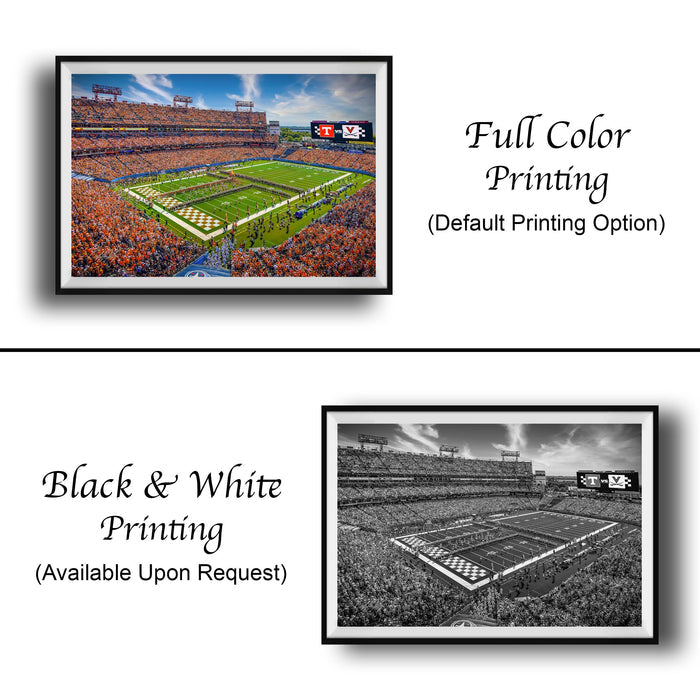 The image is a collage of two framed pictures. The top picture is a full-color print of a crowded stadium, while the bottom picture is a black and white print of the same stadium. Both pictures are labeled as "Full Color Printing" and "Black & White Printing" respectively.