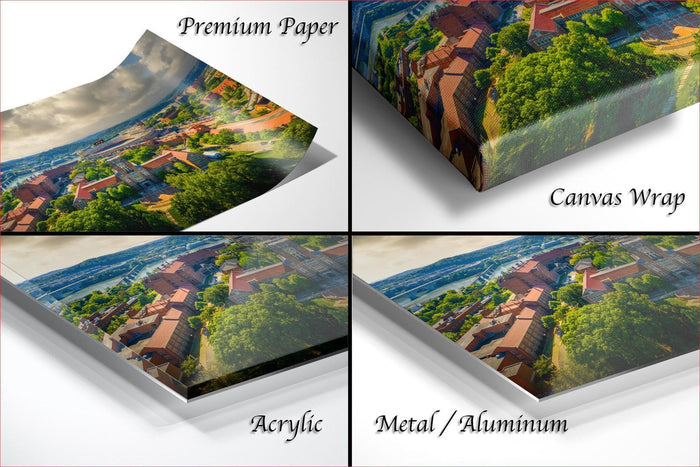 The image is a collage of four different views of a cityscape, each with a different type of paper or material used to print the image.