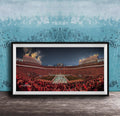 A framed photograph of a crowded sports stadium at night, with the stands filled with spectators and the field illuminated by bright lights.