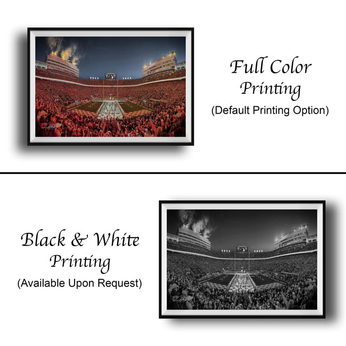 The image is a collage of two framed pictures, one in black and white and the other in full color. The black and white picture shows a crowded stadium with people, while the full color picture depicts a large stadium with a large audience. Both pictures are labeled as "Full Color Printing" and "Black & White Printing" and are available upon request.