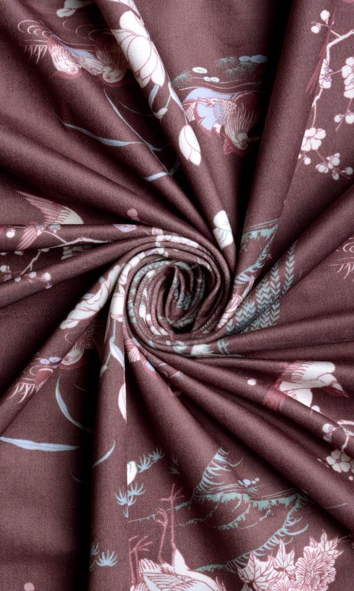 Chinoiserie Toile Velvet Fabric By the Metre for Curtains & Drapes (Burgundy Red)