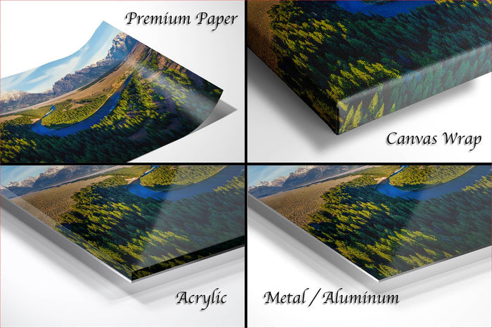 The image is a collage of four different views of a landscape, including a river, mountains, and trees. The collage is labeled with the words "Premium Paper", "Canvas Wrap", "Acrylic", and "Metal/Aluminum".