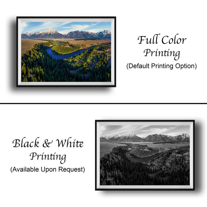 The image is a collage of two framed pictures. The top picture is a full color print of a scenic landscape with mountains and a river, while the bottom picture is a black and white print of the same landscape. The text below the images indicates that the full color printing is available upon request, and the black and white print is not.