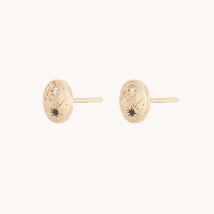 The Balance Within Yin Yang Earring in 14k yellow gold with black and white diamonds, alternate angle detail view