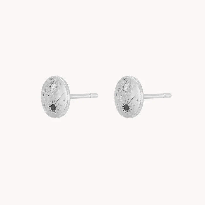 The Balance Within Yin Yang Earring in sterling silver with black spinel and moonstone, alternate angle detail view