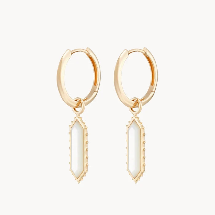 The Goddess Mother of Pearl Earring Charm in 10k yellow gold with mother of pearl gemstone, alternate angle detail view