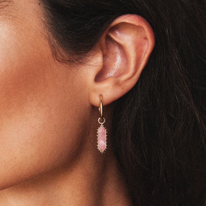 The Goddess Rhodochrosite Earring Charm in 10k yellow gold with rhodochrosite gemstone, alternate angle detail view