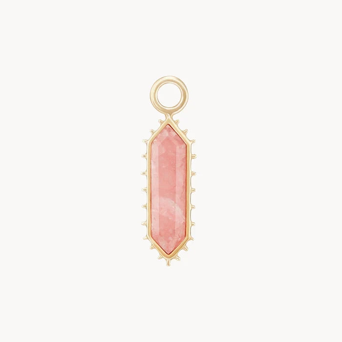 The Goddess Rhodochrosite Earring Charm in 10k yellow gold with rhodochrosite gemstone, alternate angle detail view 2