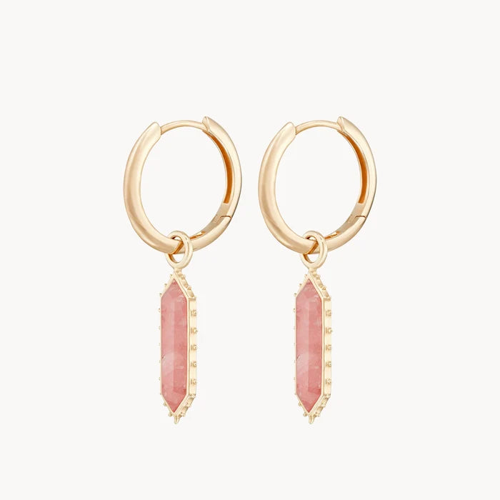The Goddess Rhodochrosite Earring Charm in 10k yellow gold with rhodochrosite gemstone, alternate angle detail view 3