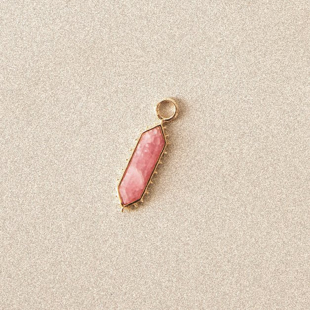 The Goddess Rhodochrosite Earring Charm in 10k yellow gold with rhodochrosite gemstone, alternate angle detail view 4