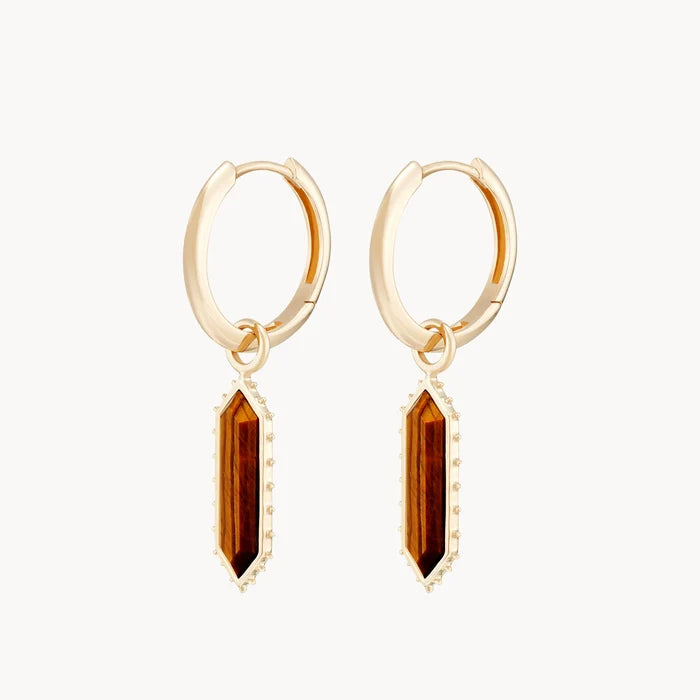The Goddess Tiger's Eye Earring Charm in 10k yellow gold with tigers eye gemstone, alternate angle detail view