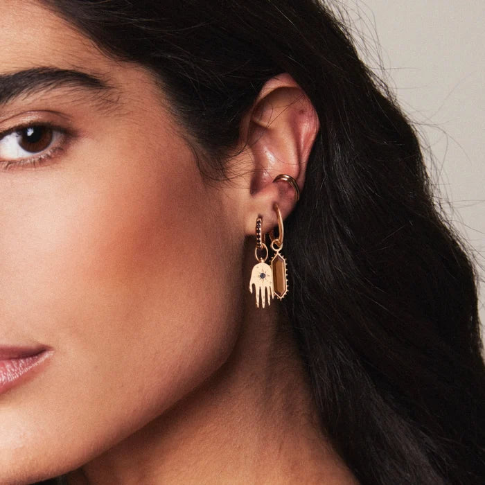 The Goddess Tiger's Eye Earring Charm in 10k yellow gold with tigers eye gemstone, alternate angle detail view 2