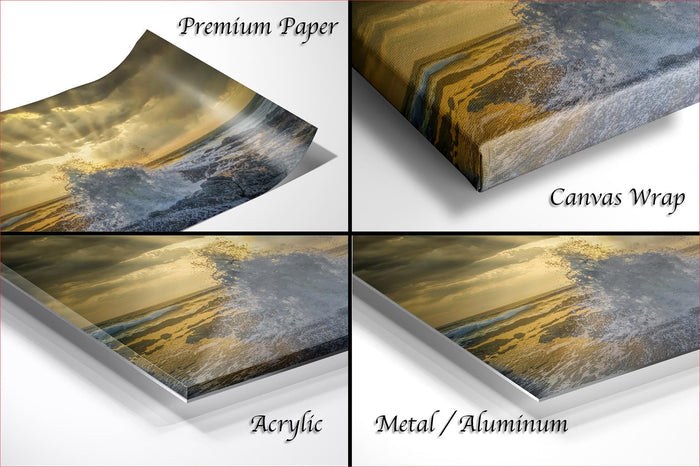 The image is a collage of four different views of a sunset over a beach, with each view represented by a different material: premium paper, canvas wrap, acrylic, and metal/aluminum.