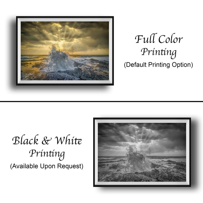 The image is a collage of two framed photographs. The top photograph is a full color print, while the bottom photograph is a black and white print. Both prints are available upon request.