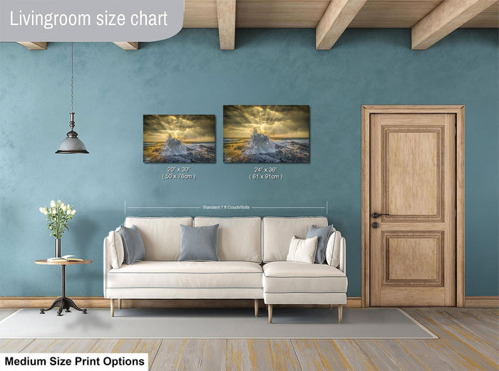 a living room with a white sofa, a wooden door, and a painting of a landscape on the wall. The living room appears to be modern and well-decorated.