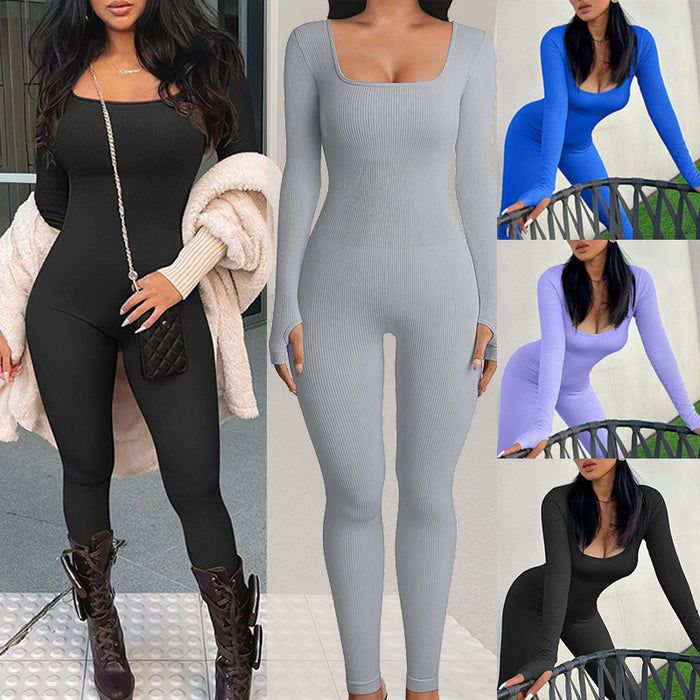 Threaded Square Collar Slim Butt-Lifting Jumpsuit