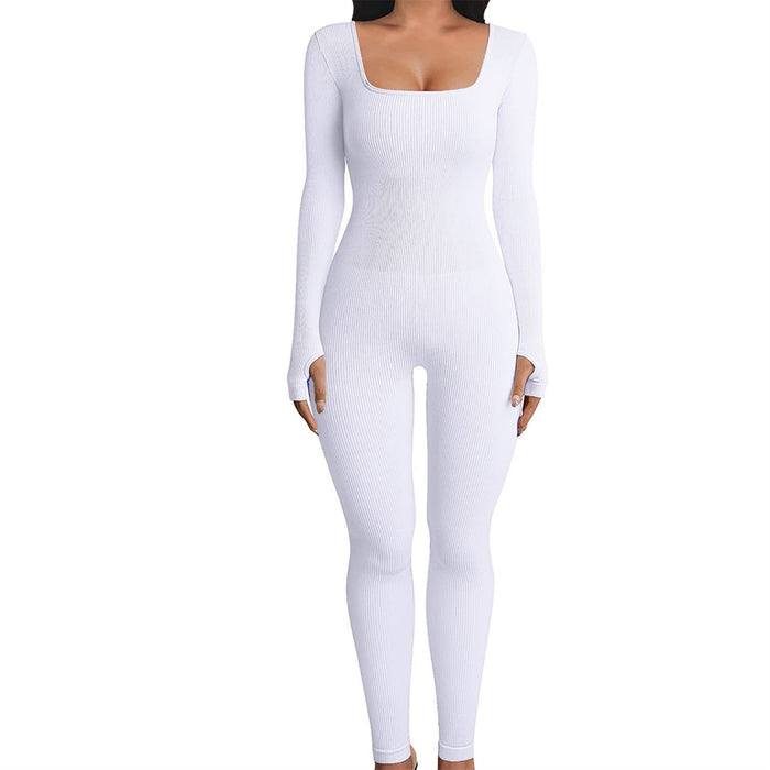 Threaded Square Collar Slim Butt-Lifting Jumpsuit
