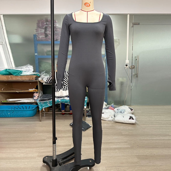 Threaded Square Collar Slim Butt-Lifting Jumpsuit
