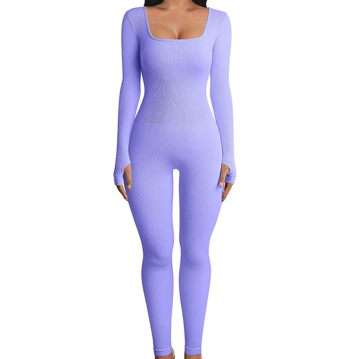 Threaded Square Collar Slim Butt-Lifting Jumpsuit