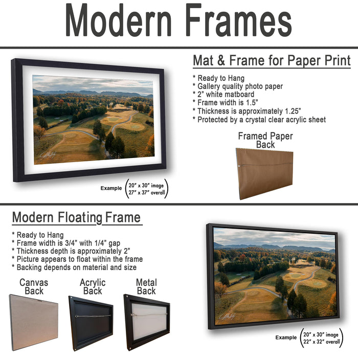 The image is a collage of three framed pictures, each with different frame types and backings. The first frame is a mat and frame for a paper print, the second frame is a modern floating frame, and the third frame is a mat and frame for a printed back.