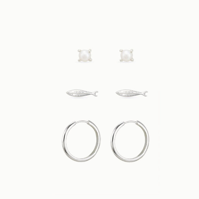 Tides and Treasures Earring Stack in sterling silver with pearl