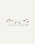 Face shot of Bonnie Clyde Tiptoe optical frames in silver with clear lenses.