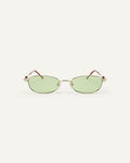 Face shot of Bonnie Clyde Tiptoe sunglasses in gold with green lenses.
