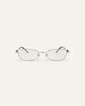 Face shot of Bonnie Clyde Tiptoe optical frames in silver and black with clear lenses.