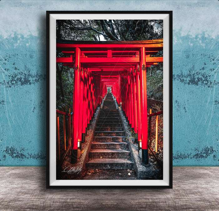 A framed photograph depicting a long, narrow red torii gate leading down a set of stairs, surrounded by lush greenery.