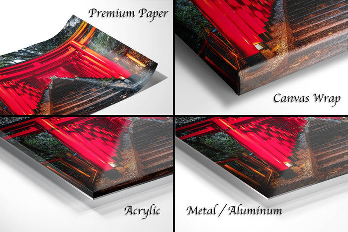 The image is a collage of four different views of a red gate, with each view labeled as "Premium Paper", "Canvas Wrap", "Acrylic", and "Metal/Aluminum".
