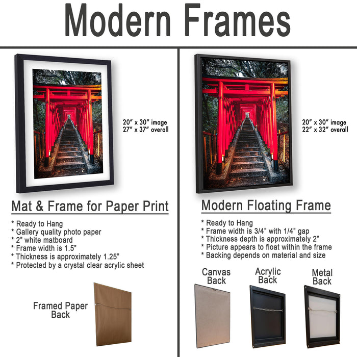 The image is a comparison of two different types of frames for a photograph of a red bridge. The left frame is a mat and frame for a paper print, while the right frame is a modern floating frame.