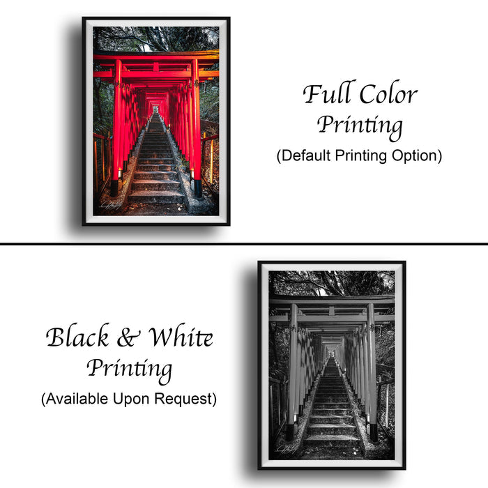 The image is a collage of two framed pictures. The top picture is a full color print of a red torii gate, while the bottom picture is a black and white print of the same torii gate. Both pictures are framed and available upon request.