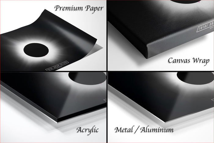 The image is a collage of four different images, each depicting a different type of paper or material: premium paper, canvas wrap, acrylic, and metal/aluminum.