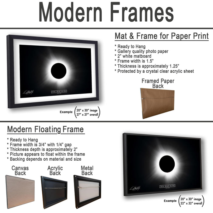 The image is a collage of various framed artworks, including a mat and frame for paper print, a modern floating frame, and a framed paper back.