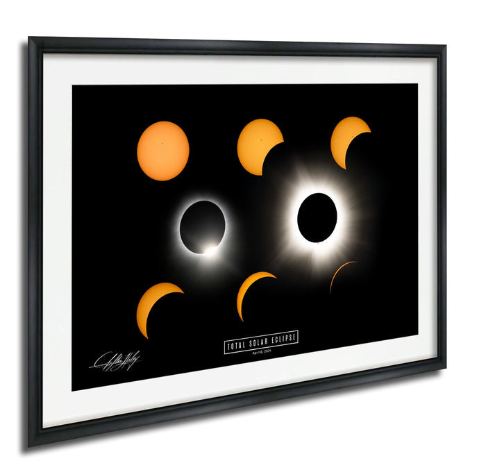 The image is a framed poster depicting the solar eclipse, showing the moon and sun in various stages of the eclipse.