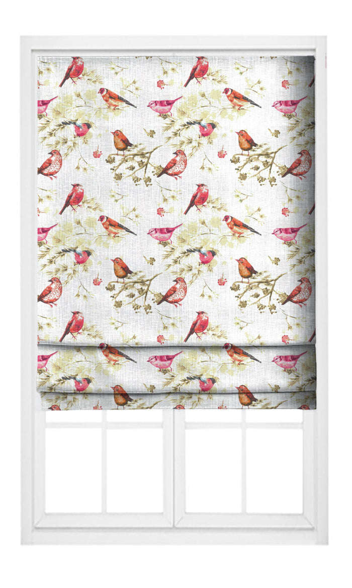 Bird-Print Cotton Pinch Pleat, Rod Pocket, Eyelet Curtains (Orange/ Pink/ White)