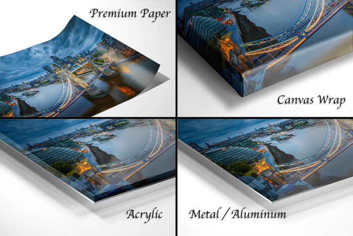 The image is a collage of four different views of a cityscape, including a close-up of a bridge, a city skyline, and a cityscape with a river. The collage is labeled as "Premium Paper", "Canvas Wrap", "Acrylic", and "Metal/Aluminum".